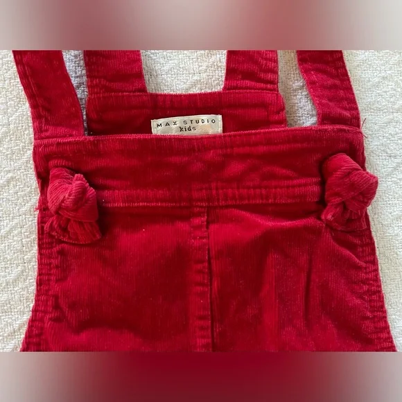 Max Studio Kids Red Corduroy Overalls Dress with Apple Accents - Picture 5 of 6